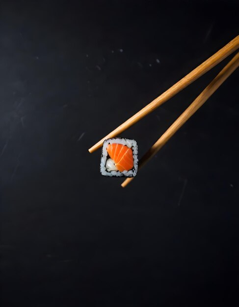 Kawałek sushi trzymany przez drewniane pałeczki na ciemnym tle