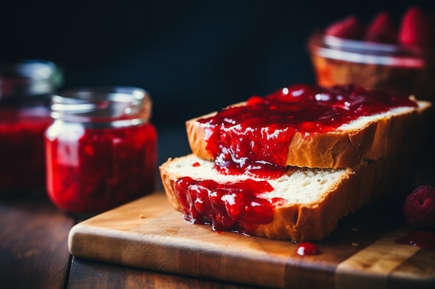 Kawałek zdrowy domowy smaczny galaretka deser czerwony chleb stół marmolada świeże owoce tosty dżem śniadanie tło drewniane jedzenie słodka przekąska pyszne