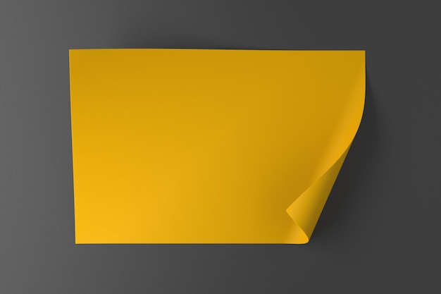 Kawałek żółtego papieru z zakrzywionymi krawędziami na szarym tle renderowania 3D