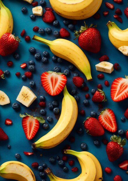 Zdjęcie kawałki bananów, truskawek i winogron płaskie z niebieskim tłem wygenerowane przez ai