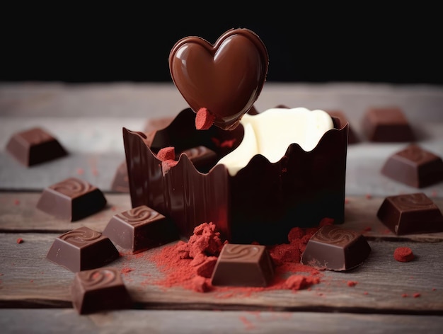 Kawałki ciemnej czekolady na drewnianej powierzchni