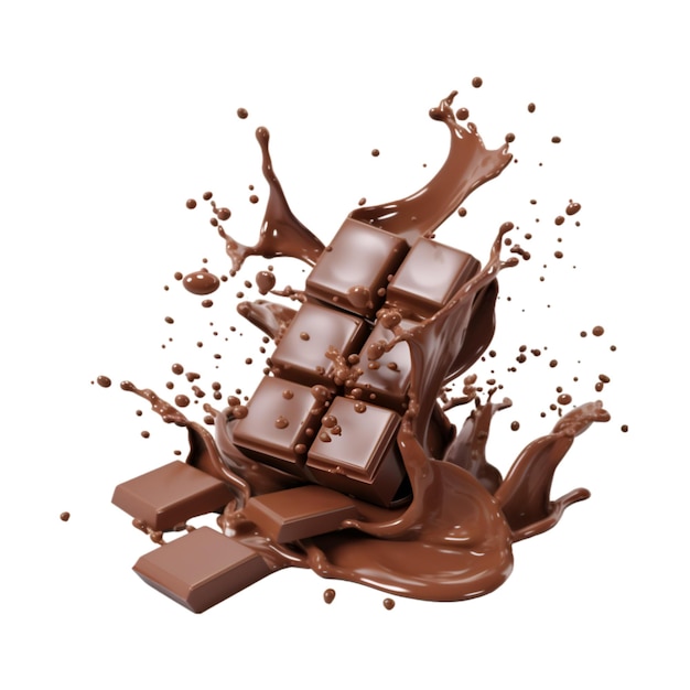 kawałki czekolady spadające na sos czekoladowy z izolowanym na białym tle