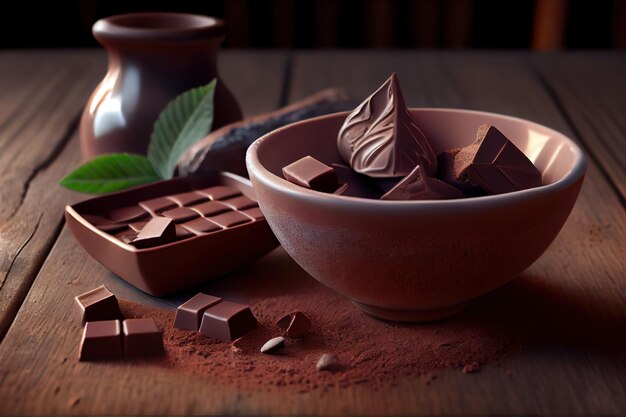 Kawałki czekolady z proszkiem kakaowym w misce na drewnianym stole Generative Ai