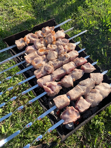 Kawałki mięsa nawleczone na metalowe szaszłyki na grillu o zachodzie słońca