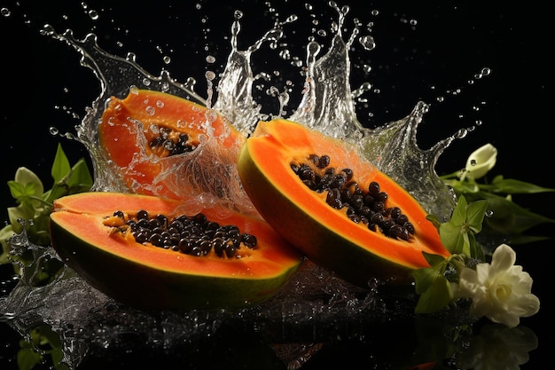 kawałki papai z nożem i kropelami wody na czarnym tle