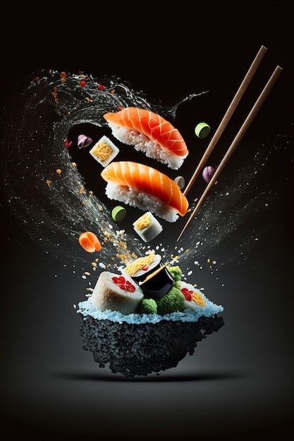 Kawałki sushi maki latające w powietrzu Japońskie jedzenie na czarnym tle generatywne AI