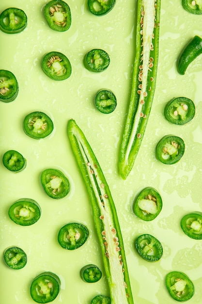 Kawałki zielonej papryczki chili leżące na kolorowym tle z kroplami wody Koncepcja żywności ekologicznej