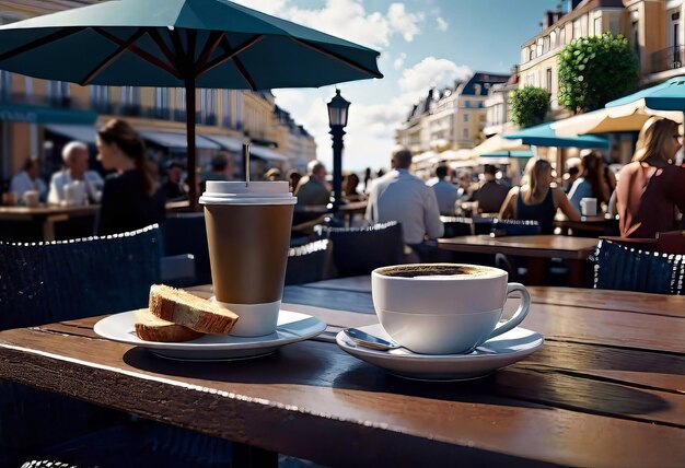 Kawiarnia na zewnątrz na ulicy kawa z jedzeniem na stole na obiad na promenadzie morskiej