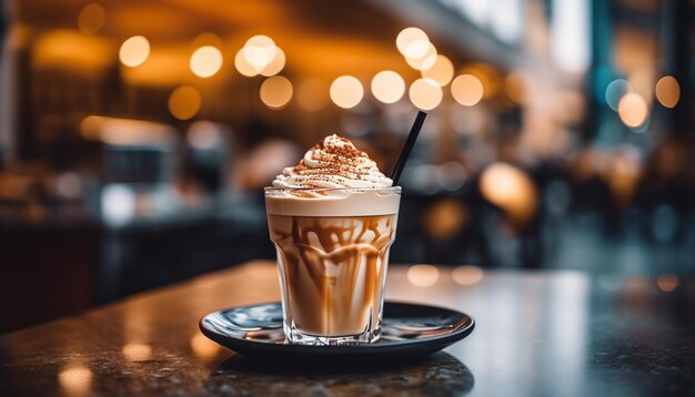 Kawiarnia stolik latte blisko odświeżające kofeiny czekoladowe cappuccino generowane przez AI