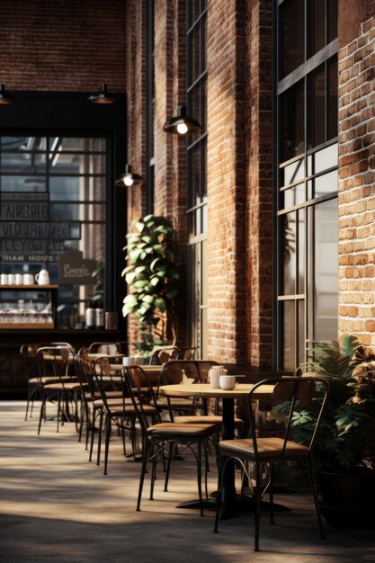 Kawiarnia w stylu przemysłowym z ceglanymi ścianami i dużymi oknami do modelowania sygnalizacji