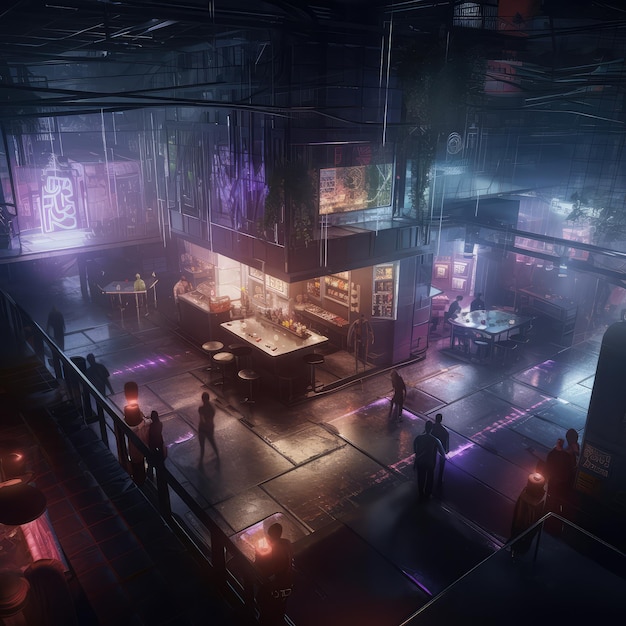 Kawiarnie uliczne w stylu nocnym Cyberpunk Restauracje na świeżym powietrzu z gośćmi i neonowe wyświetlacze Generatywne ilustracje AI Imitacja rysunku