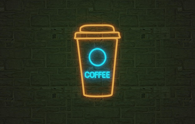 Kawowy neonowy znak świetlny, świecąca kawa z ceglanym tłem