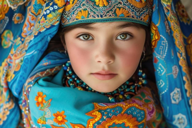 Zdjęcie kazachska dziewczyna ubrana w tradycyjny strój