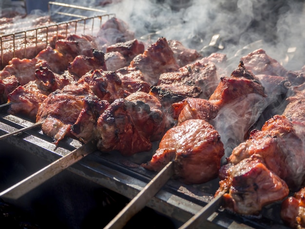 Kebab kaukaski smażony na grillu w dymie na pikniku