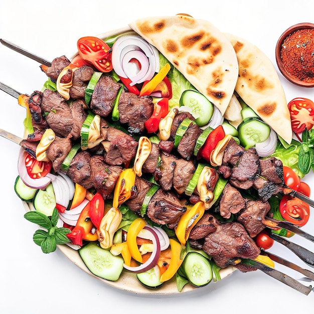Kebab tradycyjny bliskowschodni arabski lub śródziemnomorski kebab mięsny z warzywami i ziołami widok z góry na białym tle