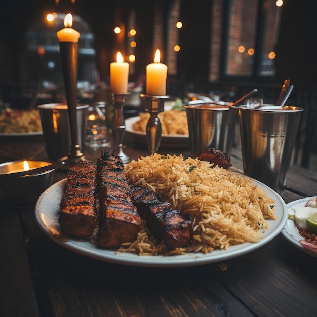 Zdjęcie kebab z kurczaka szczypy z marinowanego i grillowanego kurczaka podawane z ryżem lub chlebem śródziemnomorskim