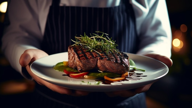 Zdjęcie kelner kucharz trzyma w rękach danie z mięsa stek smażony w restauracji