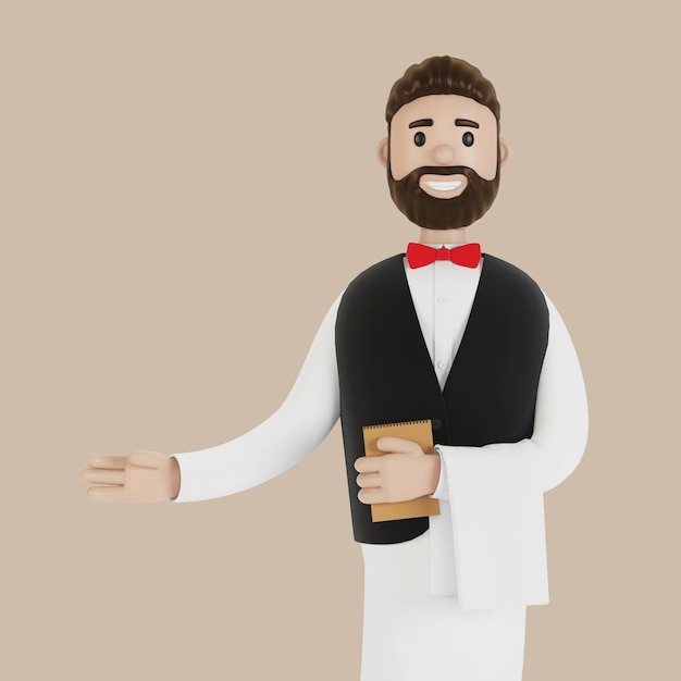 Kelner postaci z kreskówek zaprasza ilustrację 3D