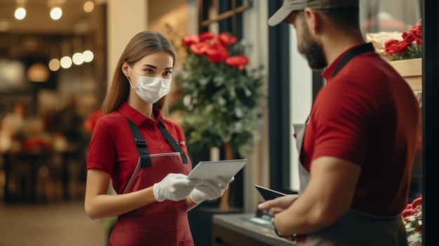 Kelner w masce sprawdza skrzynki od osoby dostarczającej jedzenie do punktu odbioru w restauracji i unika zamawiania online podczas wybuchu wirusa koronaawirusa lub COVID19