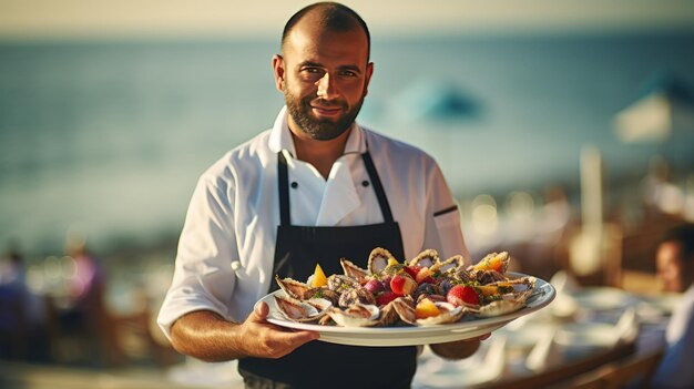 Zdjęcie kelner w restauracji nad morzem serwuje świeże owoce morza na niewyraźnym tle wygenerowanym przez ai obrazie
