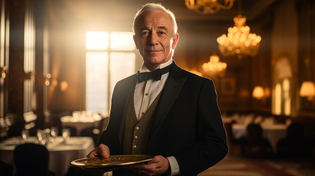 Zdjęcie kelner w wieku 50 lat trzyma srebrny tacę przed wielką jadalnią