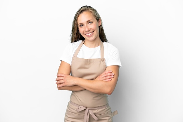 Kelnerka w restauracji kaukaska kobieta na białym tle trzymając ręce skrzyżowane w pozycji czołowej