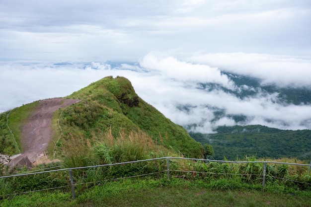 Zdjęcie kemping i chodnik do wyjścia do pha hua sing w pochmurne dni punkt widokowy na phu thap berk, tajlandia