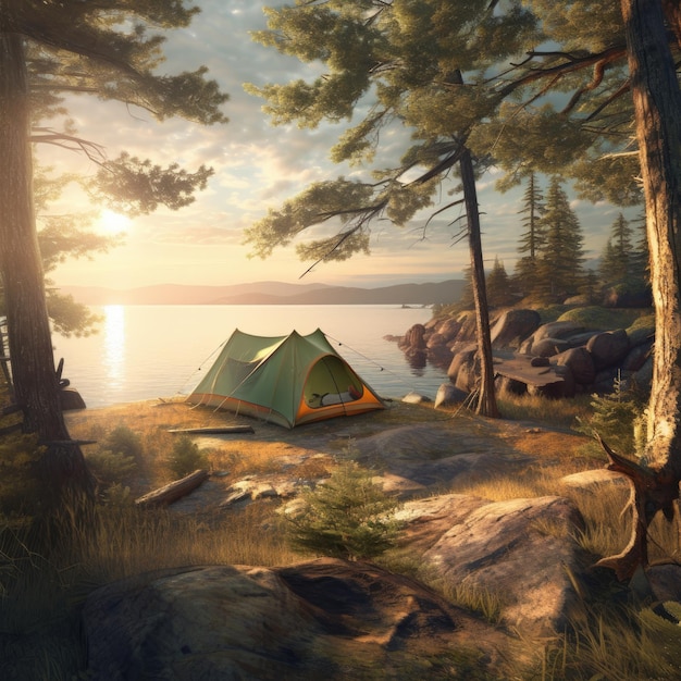 Kemping i namiot pod lasem sosnowym w pobliżu jeziora z pięknym światłem słonecznym