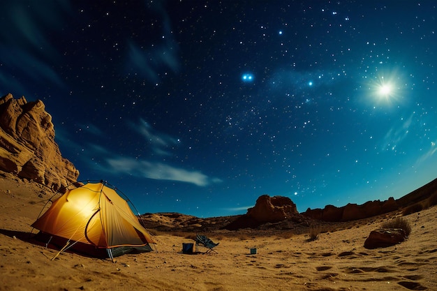 Kemping na pustyni w nocy z gwiezdnym niebem i księżycem