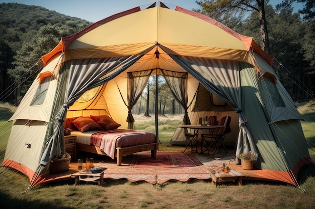 Kemping na świeżym powietrzu, podróż w namiocie, odpoczynek, ustawienie namiotu w lesie