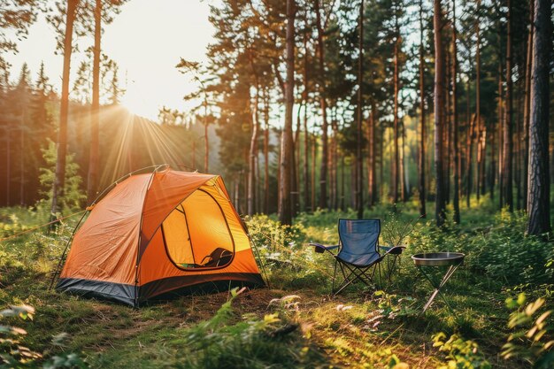 Kemping na świeżym powietrzu z dużą ilością światła słonecznego z jednym namiotem Dwa zewnętrzne krzesła kempingowe stojak do grilla