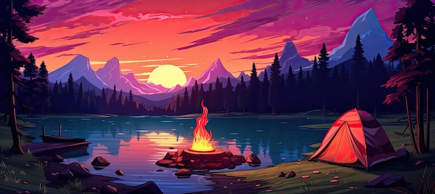Kemping nad jeziorem o zachodzie słońca Ilustracja wektorowa w stylu kreskówki