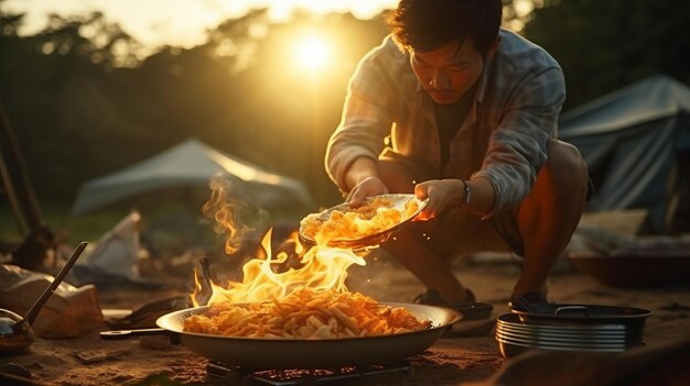 Zdjęcie kemping sprawia przyjemność azjatowi podróżnikowi serendipitous eggadventure przy ognisku
