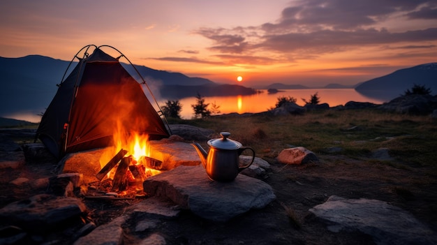 Kemping w górach przy zachodzie słońca Piękny krajobraz z namiotem i czajnikiem