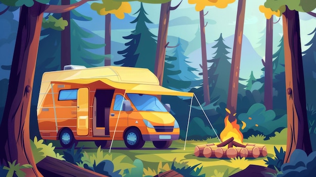 Kemping z otwartymi drzwiami i namiotem stojący w lesie z drewnem na ognisku i bagażnikiem służący jako siedzenie Karikaturowa letnia scena z karawaną do relaksu na świeżym powietrzu i podróży