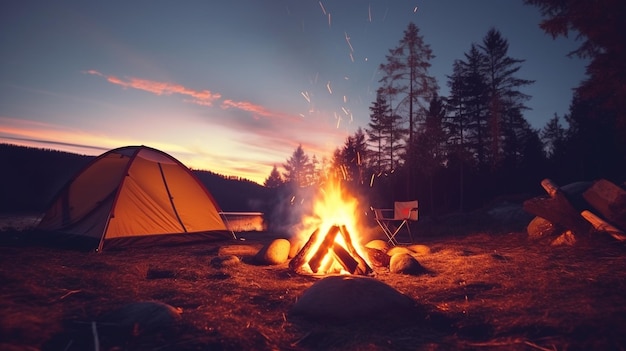 Kempingowy namiot przygodowy, ogień, eksploracja relaksu w naturze