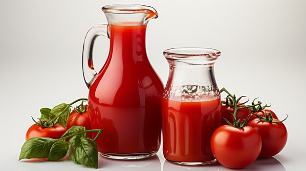 Zdjęcie ketchup pomidorowy w szklanym dzbanku na białym tle