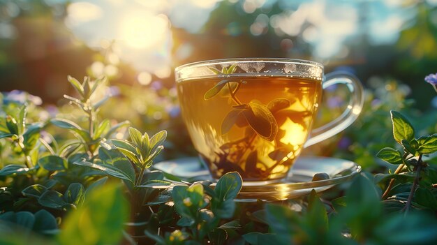 Keto herbata zielona herbata reklamowy strzał herbaty keto przyjazny niektóre zioła w pobliżu filiżanki słoneczny dzień kopię spa