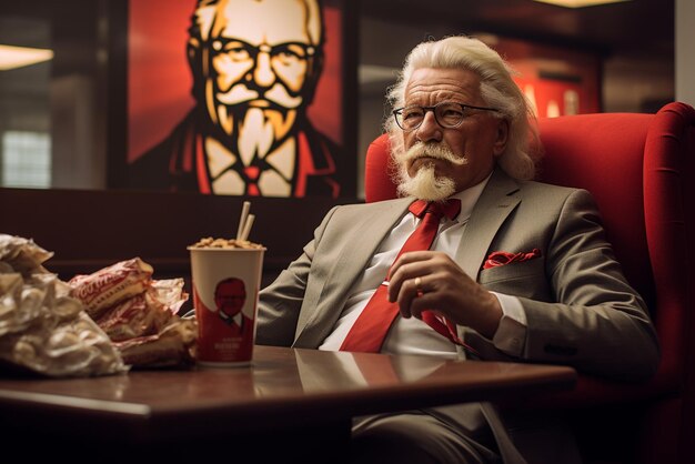 kfc brudny ptak jedzący dużo kurczaka i produktów kfc, wyglądający na dość duży brzuch