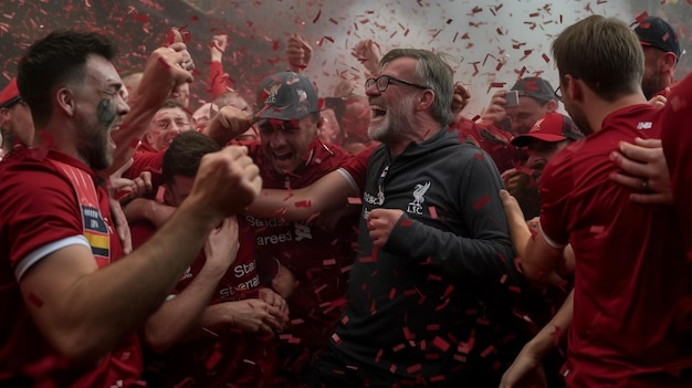 Kibice Liverpoolu świętują w czerwonej koszulce z napisem „Liverpool”.