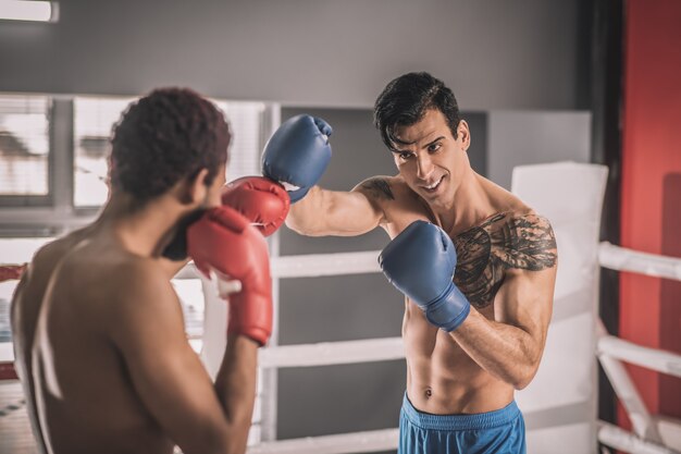 Kickboxing. Dwóch młodych kickbokserów ćwiczących i wyglądających na zaangażowanych