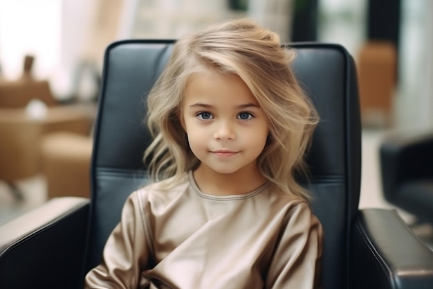 Kid39s Haircut Salon Portret siedzącej dziewczyny Generatywna sztuczna inteligencja