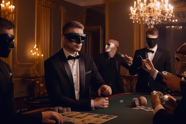 Kiedy cienie ukrywają bogactwo MasqueradeOdziani mężczyźni biorą udział w bitwach pokerowych w luksusowym kasynie Generowane przez sztuczną inteligencję