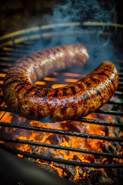 Kiełbasa gotuje się na grillu z rozżarzonymi węglami w tle Generative AI