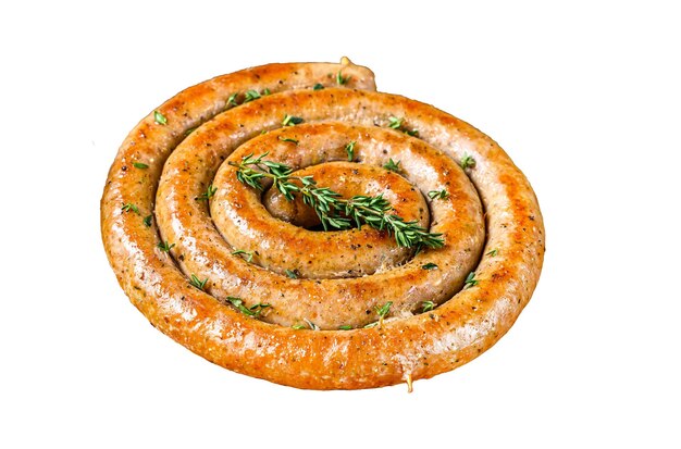 Kiełbasa spiralna BBQ z mięsa wieprzowego i wołowego na izolowanym na białym tle Widok z góry