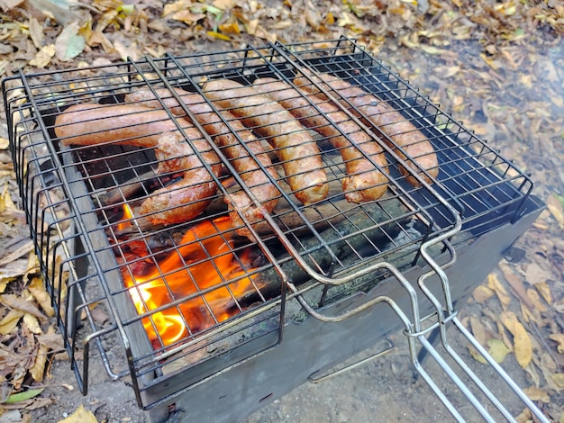 Kiełbasa z grilla na świeżym powietrzu w parku na tle liści Jedzenie smażenia grill grill