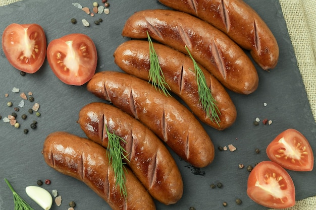 Kiełbasa z grilla z dodatkiem ziół i warzyw na płycie grillowej na zewnątrz Grillowanie potraw bbq grill