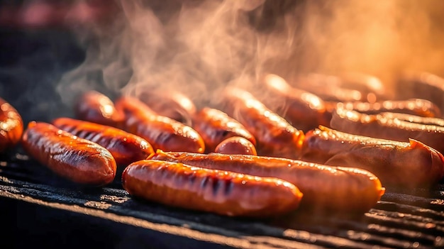 Kiełbaski na grillu z wydobywającym się z nich dymem