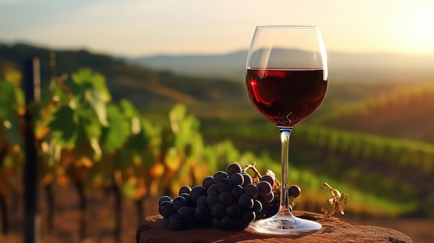 Kieliszek czerwonego wina o zachodzie słońca z winnicami w tle Produkcja czerwonego wina i pól winogron AI