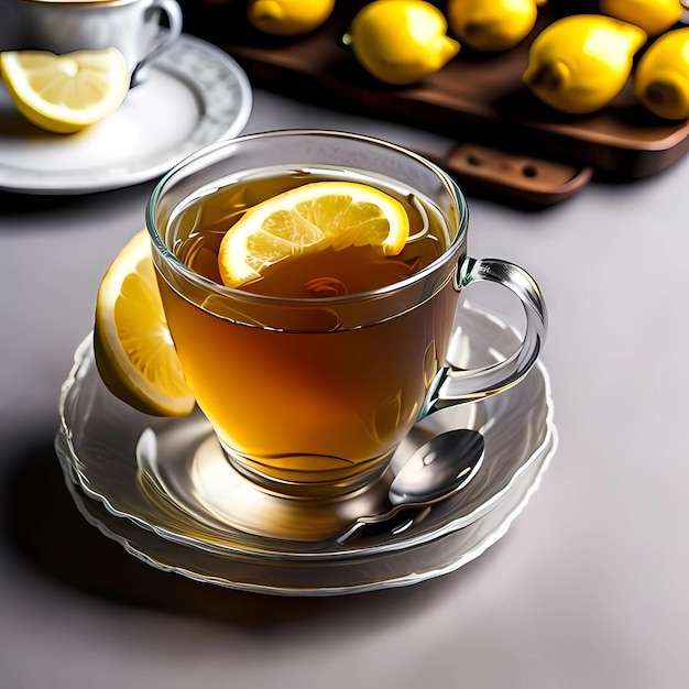 Kieliszek herbaty w filiżance z cytryną